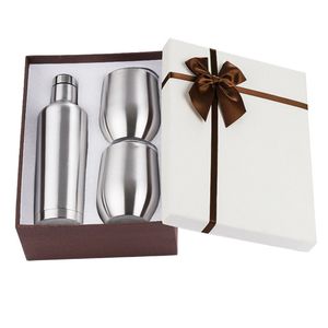 3 unids/set botella de agua de vino de acero inoxidable de 17 oz con dos vasos de 12 oz regalo de copa de vino