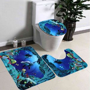3pcs / set tapis de salle de bain ensemble océan monde sous-marin anti-dérapant tapis de bain cuisine tapis de sol tapis tapis lavable salle de bain tapis de toilette 211109