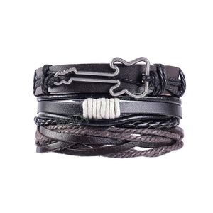 3 unids/set de pulsera de cuero trenzado para hombre, cuentas de madera de guitarra Vintage, pulseras de moda para hombre, pulsera, regalos para mejores amigos