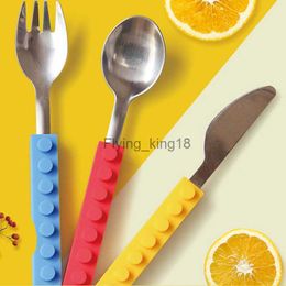 3 unids / set Ladrillos Silicona Tenedor Cuchara Cuchillo Niños Cubiertos Set Viaje Portátil Vajilla de Acero Inoxidable Niños Adultos Picnic Regalo HKD230812