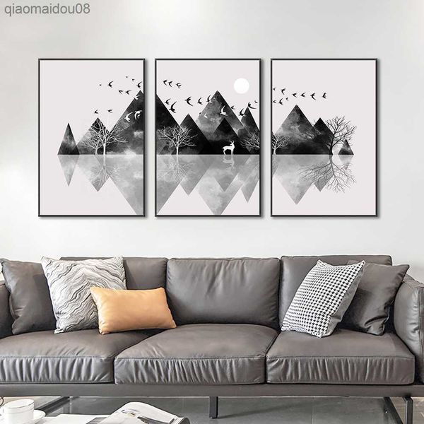 Juego de 3 uds de pintura en lienzo, impresiones y carteles de arte de pared de montaña negra moderna abstracta para sala de estar, decoración del hogar L230704