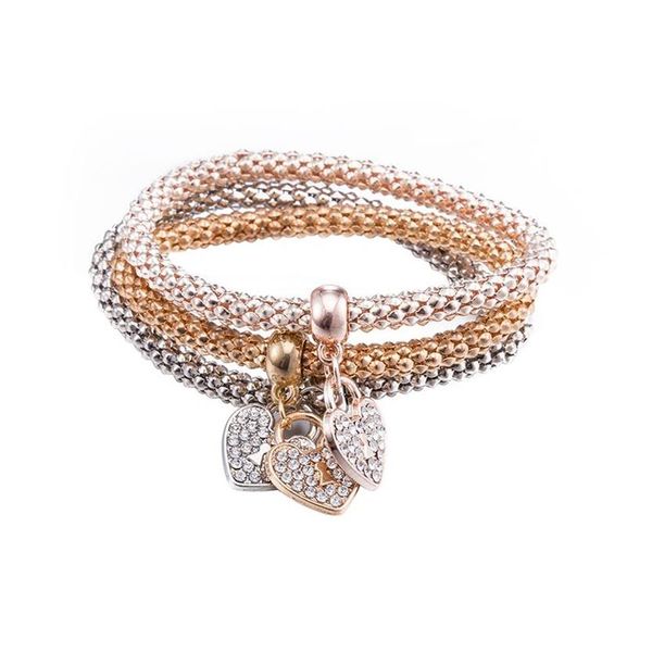 3PCS SET Pulsera con dijes Pulsera con forma de corazón de oro de 18 quilates Cristal de diamante de Swarovski Regalos de joyería Estilo americano Glorioso BlingBling256s