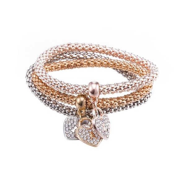 3PCS SET Pulsera con dijes Pulsera con llave de corazón de oro de 18 quilates Cristal de diamante de Swarovski Regalos de joyería Estilo americano Glorioso BlingBling321U