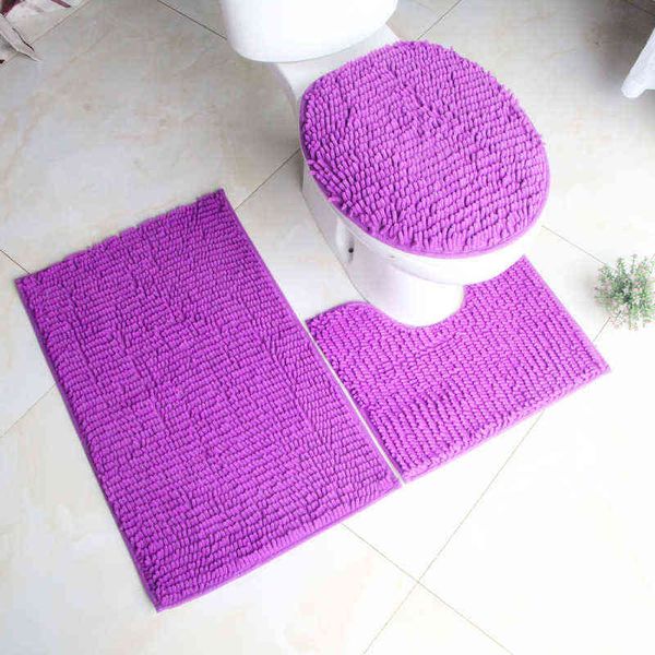 3pcs / set tapis de bain en chenille tapis anti-dérapant pour toilettes tapis de salle de bain tapis de sol de douche couleur unie lavable tampons absorbant l'eau 211109
