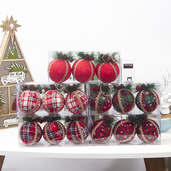 3 pièces/ensemble boule de noël tissu à carreaux rouge boules peintes arbre de noël pendentif nouvel an décoration de la maison produits