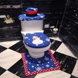 3pcsset décor de Noël année bleu bonhomme de neige Toliet couverture ensemble tapis 3 pièces tapis de salle de bain ensemble tapis et boîte à mouchoirs Natal Navidad 201027