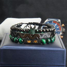 3 pièces ensemble couronne Bracelet pour hommes vert CZ couronne tressage Bracelet mode en acier inoxydable manchette bijoux 226T