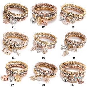 3 stks / set Crystal Owl Crown Heart Armbanden Rhinestone Elephant Skull Music Notes Butterfly Sleutel Lock Tree of Life Charm Bangle Juwelen