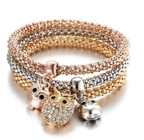 3 Pièces/ensemble Cristal Hibou Couronne En Métal Bracelets Porte-Bonheur Bracelets Couleur Or Rose Éléphant Coeur Pendentif Strass Bracelet Femmes