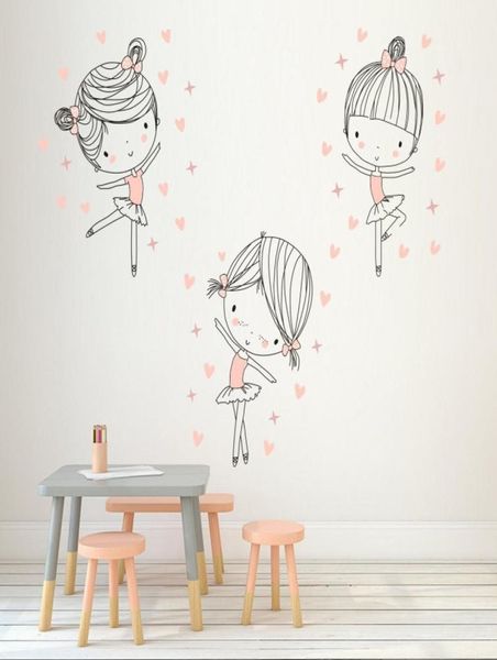 3pcs/set lindas chicas de ballet pegatinas de pared bailando dibujos de dibujos animados calcomanías de pared para niños habitaciones dormitorio decoración del hogar jh2017 y2001034950256