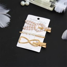 3pcs/Set Elegant Pearl Hair Clips Pin Golden Metal Geometric Pearls Flower Bridal Hair Barrettes For Women Girls Party Headwear