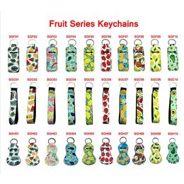 3 stks / set Fruit Series Sleutelhangers Neopreen Chapstick Houder Wristlet Lanyard Sleutelhanger Set Lippenstift Cover Hand Polsriem Sleutelhangers