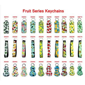 3 stks / set Fruit Series Sleutelhangers Neopreen Chapstick Houder Wristlet Lanyard Sleutelhanger Set Lippenstift Cover Hand Polsriem Sleutelhangers