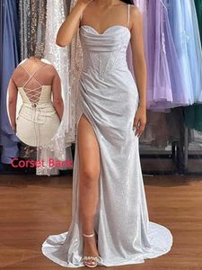 Stoffige roze roze witte lovertjes bruidsmeisjekleding sexy spaghettibandjes zeemeermin backless lange avond prom jassen met korset terug BM5003