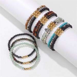 3 unids/set de pulsera de cuentas trenzadas de Color dorado, conjunto de pulsera trenzada de piedra Natural de 4MM para mujeres y hombres, brazaletes de turquesas de lapislázuli