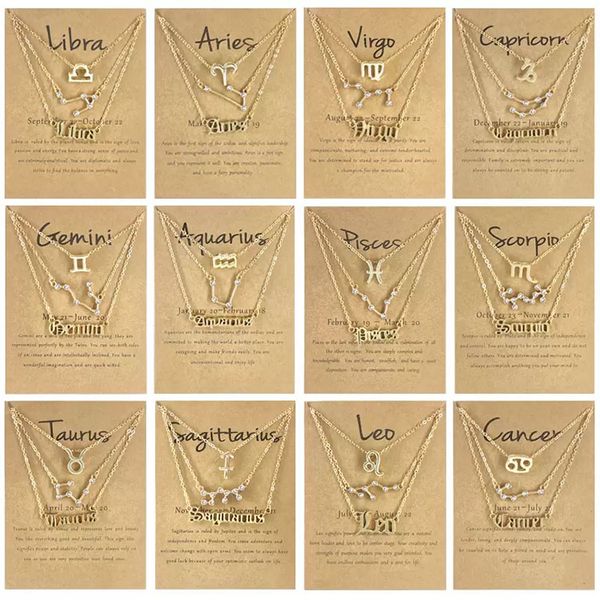 3pcs / Set Gold Argent Plaqué Zodiac Lettre Collier 12 Constellation Horoscope Astrologie Colliers pour Femmes Mesdames Nice Bijoux Cadeau avec voeux Carte Prix usine