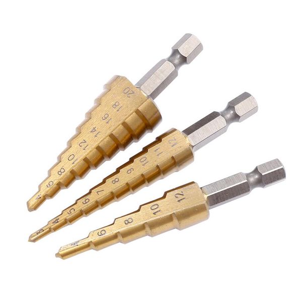 3 unids/set brocas escalonadas recubiertas de titanio HSS, herramientas eléctricas de perforación, cortador de agujeros de madera de acero de alta velocidad, brocas cónicas escalonadas con bolsa