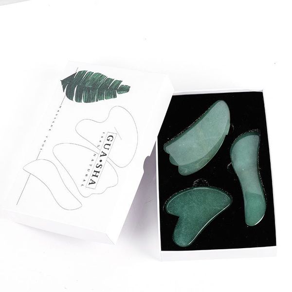 3pcs / set jade gua sha outil de massage de grattage dans la boîte cadeau Natural Jade guasha Board Spa Acupuncture Traitement Face Face Louting Tool