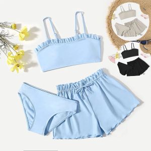 3 -stcs/set kinderen kind massief blauwe zwarte bikini tops onderbroek ruches rok meisjes zwempakken badkleding voor tieners klein