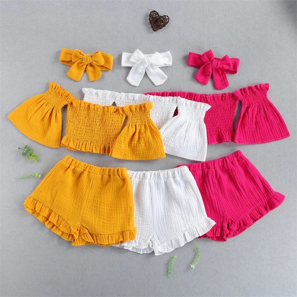 3 unids/set niños conjuntos de ropa de verano niña color sólido chaqueta de manga acampanada pantalones cortos traje de banda para el cabello niños ropa de bebé lindo 25rz Q2