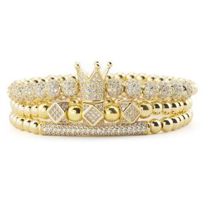 3 stks Set Luxe Gouden kralen Koninklijke Koning Kroon Dobbelstenen Charm CZ Bal Armband heren mode armbanden armbanden voor Mannen Jewelry306o