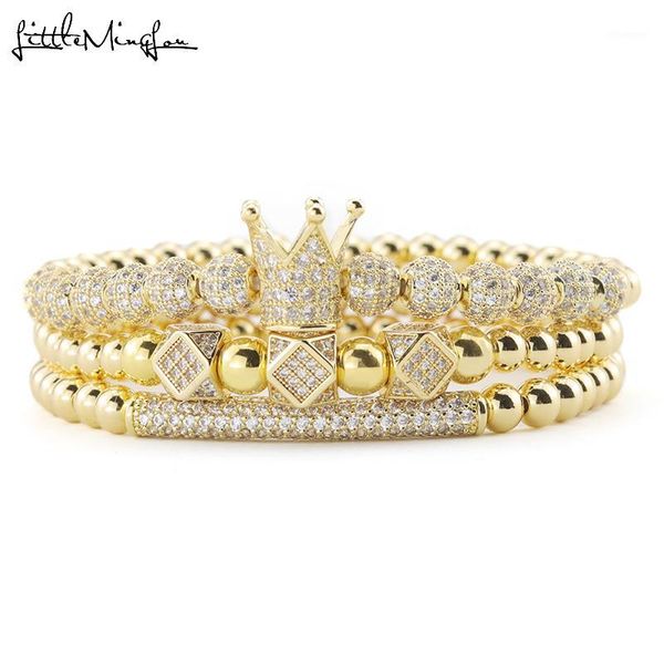 3 pièces/ensemble perles d'or de luxe couronne royale roi dés breloque boule CZ hommes Bracelet hommes mode bracelets bracelets pour hommes Jewelry1