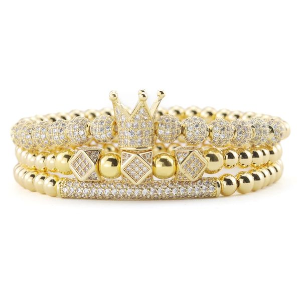 3pcs Set Luxury Gold Perles Royal King Crown Dice Charm CZ Ball Bracelet Mens Fashion Bracelets Bangles pour hommes bijoux 287S