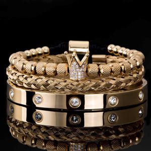 3pcs Set Luxury Micro Pave Cz Crown Roman Royal Charm Men Bracelets Crystals en acier inoxydable Bangles Couple Handmade Jewelry Gift 270S