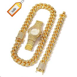 3 unids/set de reloj de diamantes de circonio chapado en oro de hip hop para hombre, conjunto de collar de cadena cubana de cristal de diamantes de imitación ostentosos, pulsera