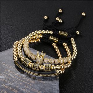 3pcs / Set Hommes Femme Gold Hip Hop Bracelet Bijoux Bijoux Couronne Charms Macrame Beads Bracelets Ensembles pour Femmes Pulseira Masculina