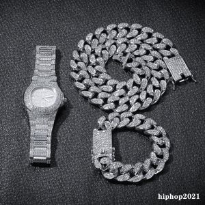 3 pièces/ensemble hommes Hip hop glacé bling chaînes diamant collier Bracelets montre cubain lien chaînes mode Hiphop bijoux ensembles