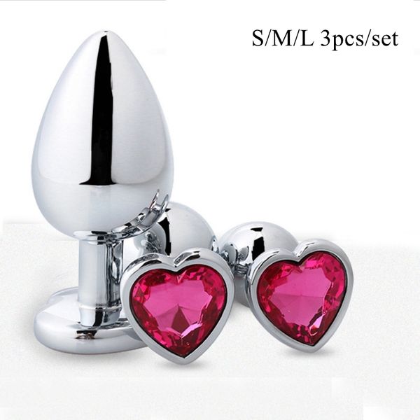 3pcs / Set en métal Butt Plug Anal Plug en forme de coeur Perles de Cristal Coeur Stimulateur Sex Toys Dildo Plug Anal Gay Sex Produits Y200421