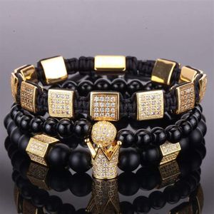 3 PCS Set Natural Stone Beads Pulsera de hombres Cz Crown Charms Bangles Jewelry for Women Ball Zirconia Bracelets Femme Gift Holi2949