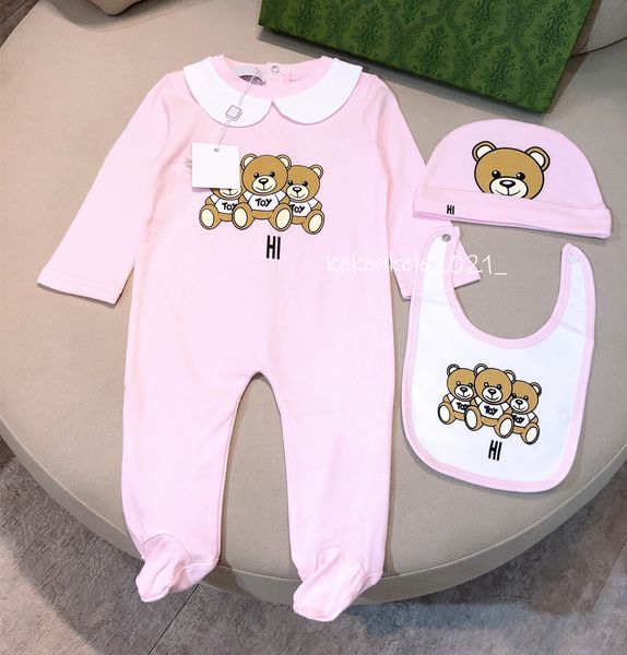 3 unids/set bebé recién nacido mameluco ropa de algodón estampado lindo oso de dibujos animados recién nacido niñas monos sombrero Baberos traje