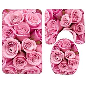 3-delige set roze rozenpatroon bad antislip douche- en toiletmat badkamerproducten 201211239N