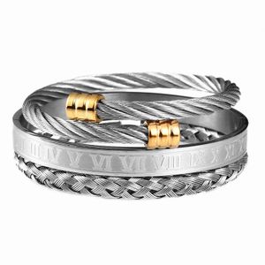 3 pièces/ensemble chiffre romain hommes Bracelet fait à la main en acier inoxydable corde boucle bracelets ouverts Pulseira Design bijoux