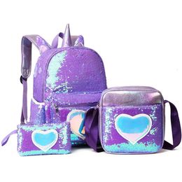 3 stks/set Pailletten Eenhoorn Rugzak Mode Meisje Glitter Schoolboekentas Meisjes Leuke Hologram Laser PU Leer Reizen Rugzakken 240108