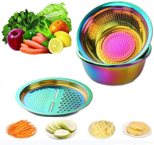 3 unids/set rebanador de verduras dorado de acero inoxidable, pelador de patatas, tazón redondo, juego de cesta de colador, utensilios de cocina, rallador de cebolla y zanahoria 0615