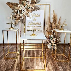 3 STKS / SET TABELEN ALLEEN) Bruiloft Decoratie Voetstuk Stand Levert Gold Metal Metal Rechthoek PLINTH CAKE TABLE