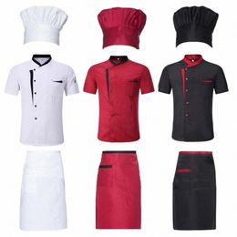 3 unids / set Unisex Hotel Cocina Chef Uniforme Chaqueta Sombrero Apr Set Stand Collar Manga corta Restaurante Cocina Camisa Trabaja Ropa Q7DV #