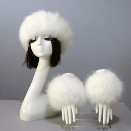 Conjunto de 3 unidades de diadema de piel de zorro sintética para mujer, sombreros, puños, guantes cálidos a la moda para la muñeca, gorro de piel sintética, estilo ruso 240125