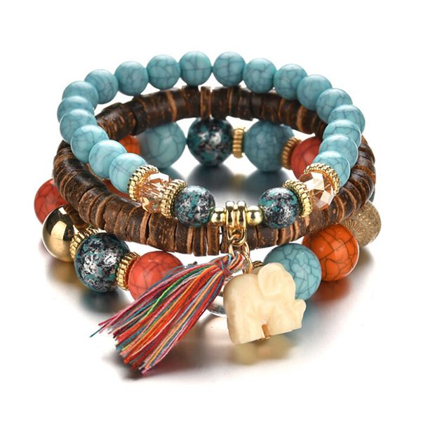 3 pièces/ensemble perles en bois Bracelets pour femme bohême éléphant gland Bracelets porte-bonheur Bracelets ensemble Boho Vintage bijoux