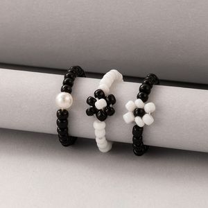 Ensemble de bagues en perles faites à la main pour femmes, jolies fleurs, accessoires de bijoux réglables, 3 pièces/ensembles INS Fashion