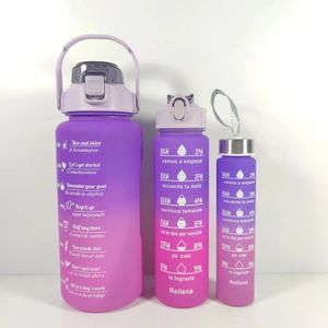 3 pièces bouteille d'eau de sport avec paille hommes femmes Fitness tasse en plastique bouteilles froides en plein air marqueur de temps Drinkware 240314