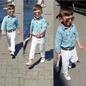 3 pièces printemps automne bébé garçons costumes enfants vêtements ensembles mode chemise à carreaux pantalon blanc avec ceinture enfants vêtements 2-7 ans