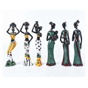 3PCS Statue Sculpture Figure féminine africaine Figurines en résine de fille de style national Décor de table 210804