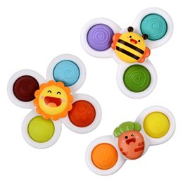 Jouets rotatifs à ventouse, 3 pièces, abeille solaire, carotte, toupies, jouets de bain pour bébé, jouets sensoriels, cadeau d'anniversaire pour enfants