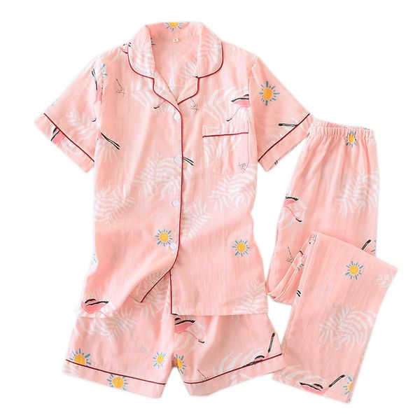 3 unids Trajes Frescos Pijamas de Manga Corta Mujer Verano 100% Gasa Algodón Ropa de Dormir Mujeres Corea Pijamas Pantalones Cortos Inicio Pantalones Nueva Venta Y19071901