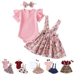 3pcs Summer Baby Girl Cloth Set de manga corta Vestido floral Vestido Floral Tours Diadro Ropa infantil Lindo atuendo 240410