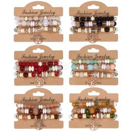 3st Levensboom Boho Armband Set Vrouwen Multicolor Crystal Stone Kralen Armbanden Handgemaakte Elastisch Touw Lady Sieraden Gift